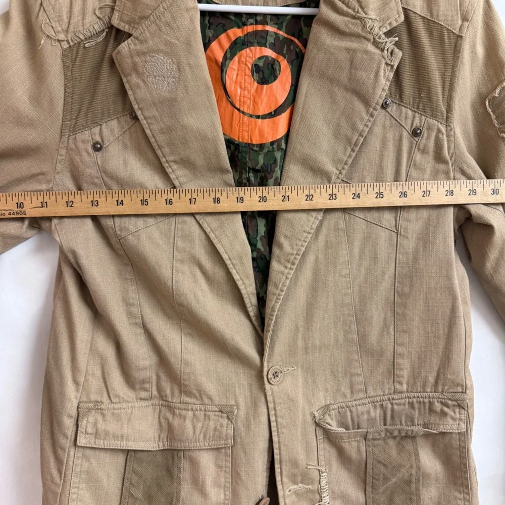 Caffeine Culture VTG Y2K Mens Tan Utility Jacket Blazer Elbow Patch Camo Lined L